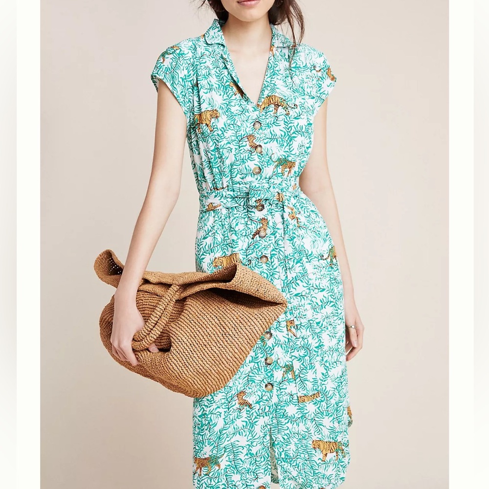Anthropologie Teal & White Tiger-Print Midi Dress